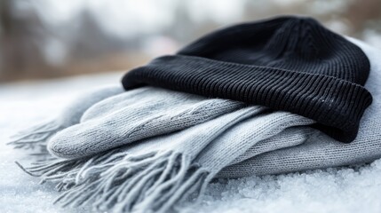 Knitted winter accessories, a black beanie and light gray scarf and gloves, rest atop a bed of snow.
