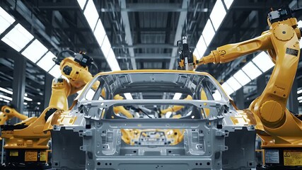 Automated Automotive Assembly with Yellow Industrial Robotic Arms Under Bright Factory Lighting