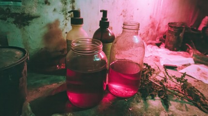 Various glass containers filled with vibrant magenta liquids sit on a weathered surface, illuminated by a muted, reddish-purple light.