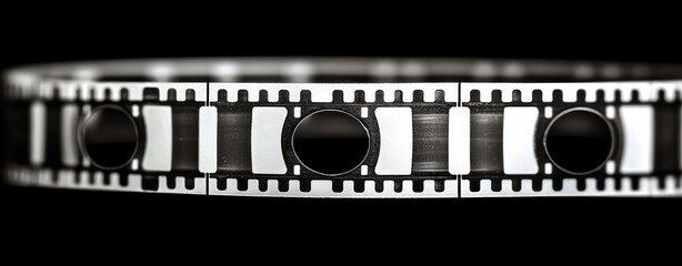 Close-up of a black and white photographic film strip with empty frames against a dark background conveying a vintage and nostalgic atmosphere