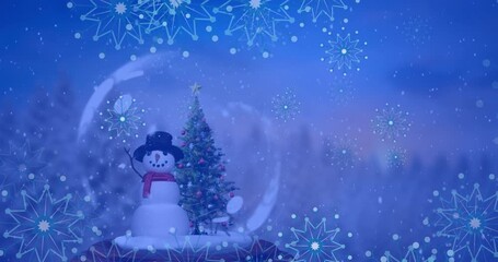 Animation of snowflakes icons over snowman and christmas tree in a snow globe and winter landscape - Powered by Adobe