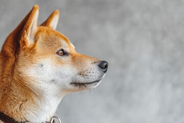 A Shiba Inu dog headshot in profile with a grey background showcasing its ginger fur and pointed ears