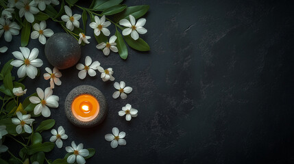 Memorial tribute with candle stone and white blossoms