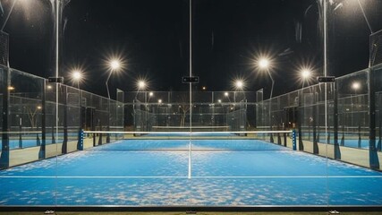 Illuminated outdoor padel court at night showcasing the playing surface and surrounding structures. Ideal for sports, recreation, or facility promotion