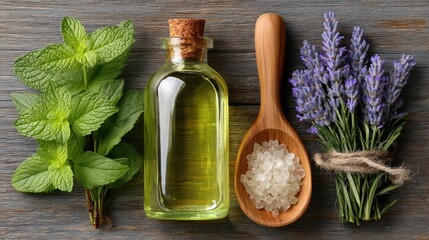 Aromatic natural ingredients, displayed on a rustic wooden surface, featuring fresh mint leaves, a bottle of oil, a wooden spoon with sea salt, and a bunch of lavender flowers, create a serene and...
