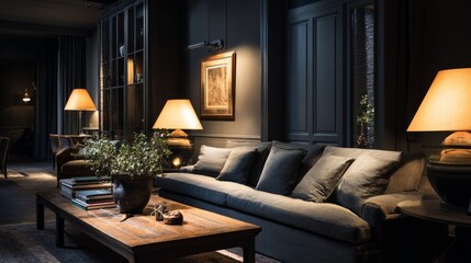 Elegant dark interior with glowing table lamps, grey sofa and wooden table, night-time atmosphere rich with warmth