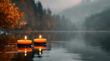 Floating orange candles on misty lake with autumn forest, serene spa and yoga meditation background, seasonal wellness promotion, calm nature scene