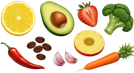 Colorful Assortment of Fruits and Vegetables on a Transparent Background