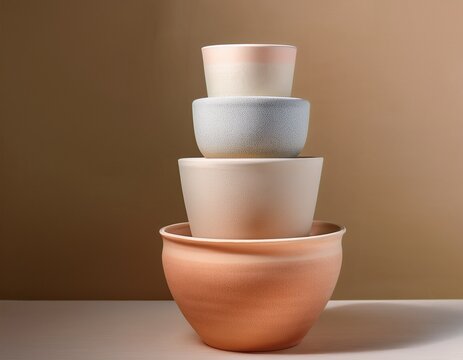 Stylish modern terracotta and pastel bowls stacked creatively showcase minimalist design and neutral tones - Powered by Adobe