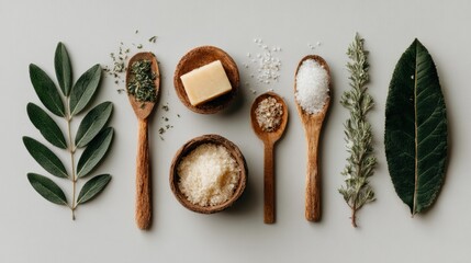 Natural, organic, and minimalist elements arranged in a sophisticated composition, featuring dried herbs, fragrant salts, and a bar of soap, all presented on a light gray background with wooden bowls.