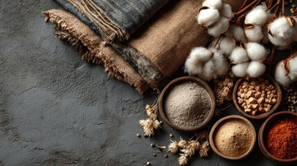 A top-down view of various textures and spices, including natural fabrics, cotton, and ground herbs, arranged on a dark gray surface.