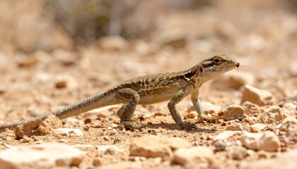 Small lizard attentively eyeing a tiny insect in sun-baked habitat, with its sharp focus on the prey