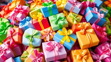 A joyful pile of colorful gift boxes tied with playful ribbons, evoking childhood excitement and wonder.