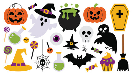 Spooky Halloween Icons Collection With Pumpkins Ghosts Bats And Candy vector illustration
