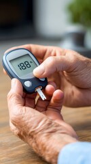 Close-up of hands checking blood sugar level with a glucometer, symbolizing healthcare, diabetes awareness, and medical testing.