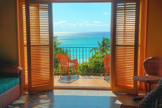 Peaceful room with wicker furniture opens to balcony with ocean view and palm trees under bright blue sky