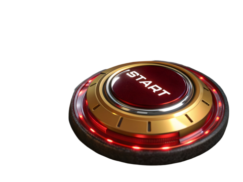 Futuristic start button with red and gold accents isolated on a transparent background technology