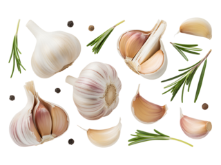 Fresh garlic bulbs and cloves with rosemary sprigs isolated on transparent background