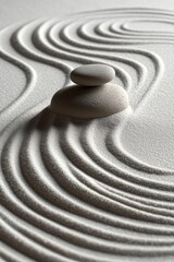 Naklejka premium Two smooth stones stacked on finely raked sand with flowing curved lines creating a calm and balanced zen garden scene
