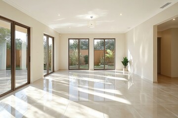 Fototapeta premium Bright and spacious empty living room with large glass doors and windows letting in natural sunlight, featuring glossy tiled floors and minimal indoor plants