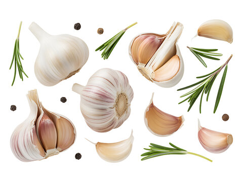 Fresh garlic bulbs and cloves with rosemary sprigs isolated on transparent background