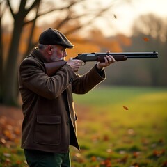 A Caucasian man in his 50s practices clay pigeon shooting outdoors, shotgun aimed skyward, autumn leaves falling, warm sunlight, tweed and flat cap.