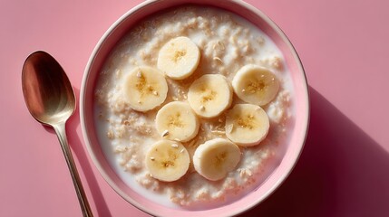 A bowl of oatmeal topped with sliced bananas sits on a pastel pink surface, illuminated by natural light.