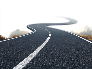 Winding road with clear white dashed dividing lines stretching into a foggy, obscured distance surrounded by sparse dry vegetation.