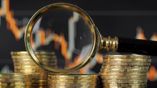 Gold Coins Stacked Under Magnifying Glass With Orange Stock Charts in Dark Background