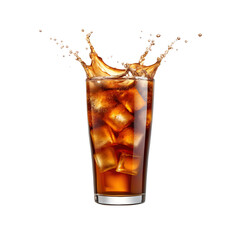 Refreshing cola drink with ice cubes and splash in a tall glass isolated on transparent background