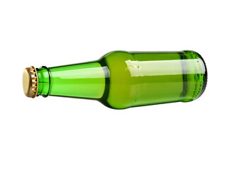 A green glass beer bottle with a golden cap lying on its side isolated on transparent background