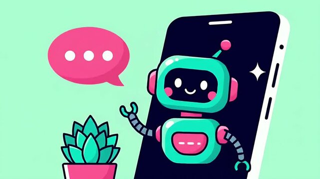 Cartoon Robot on Smartphone Screen with Speech Bubble and Plant on Light Green Background