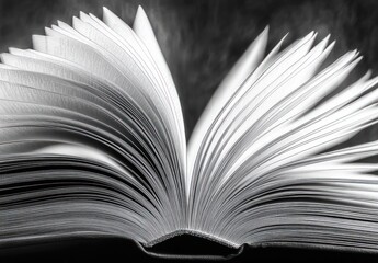 Black and white close-up of an open book with pages fanning out against a dark background, conveying a sense of knowledge and curiosity