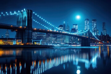 Illuminated suspension bridge spanning calm river with reflections of city skyline and bright full moon at night