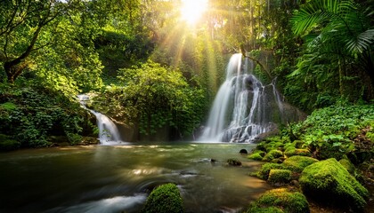cascading waterfall and lush greenery in a tropical forest a serene nature escape with sunlight peeking through foliage