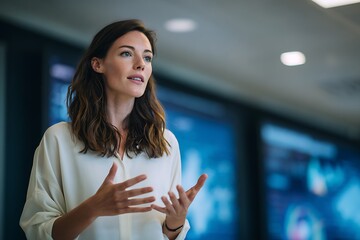 Confident businesswoman presenting at a modern corporate meeting with data screens in background