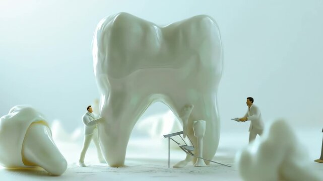 Miniature figures in white suits around a large white tooth