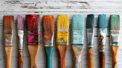 A collection of colorful paintbrushes, various shades of vibrant hues, rest on a light-toned wooden surface.