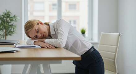 Young woman resting her head on desk while feeling tired at office  