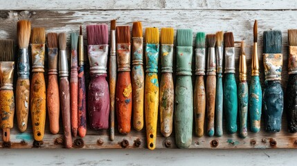 A collection of various used paintbrushes with colorful and weathered handles arranged neatly on a rustic wooden surface.