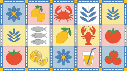 Retro Grid Pattern with Lemons Crabs Fish Flowers and Drinks on a Pastel Background
