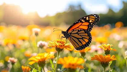 Fototapeta premium A monarch butterfly delicately sips nectar from a vibrant orange wildflower in sunlit meadow.