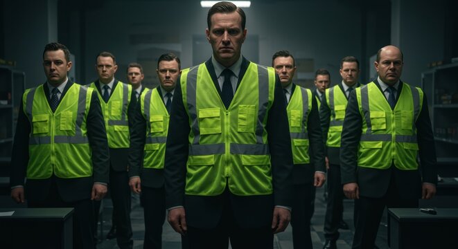 a group of people in fluorescent yellow vests standing in a dark room, low-key lighting, serious expressions, authoritative, intimidating, gritty, dystopian, industrial setting