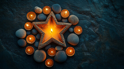 Holocaust memorial tribute with candles and stones