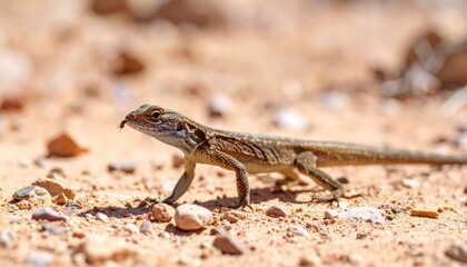 A sun-drenched lizard emerges cautiously, its head peeking from between weathered, rocky crevices.