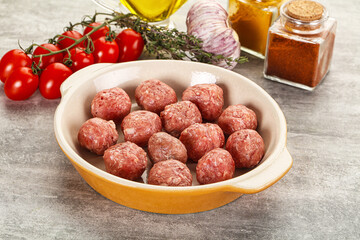 Uncooked raw beef meatball minced
