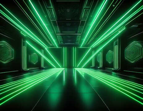 3 dynamic club scene visualize an empty dark space filled with glowing green fluorescent laser lights creating an energetic party vibe the abstract background allows for clear copy space
