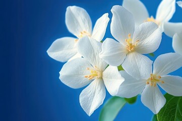 Naklejka premium Close-up of delicate white flowers with yellow stamens against a vibrant blue background evoking calm and purity