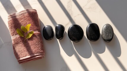 A soft, mauve towel, a sprig of yellow leaves, and dark stones arranged on a light beige surface create a tranquil spa-like scene.