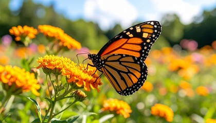 Fototapeta premium A vibrant monarch butterfly delicately sips nectar from a bright orange wildflower in a sunny meadow